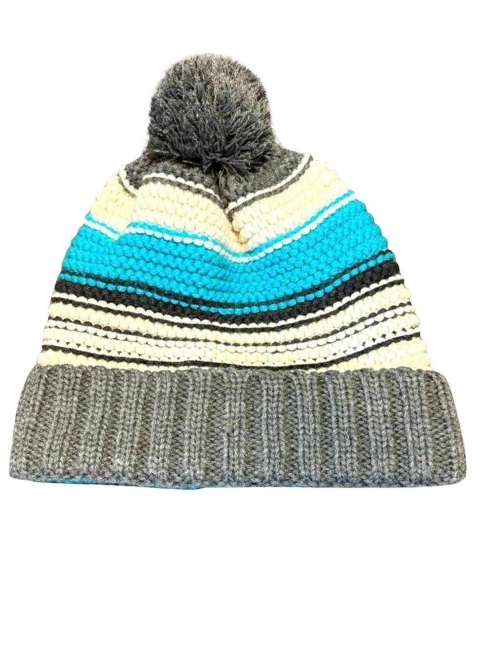 NWOT Unisex Women Men Blue Gray White Striped  Beanie Hat PomPom One Size